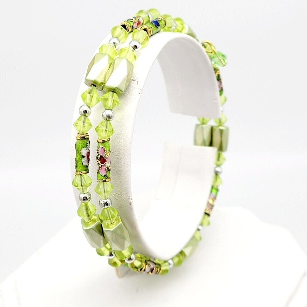 Artisan Double Wrap Memory Wire Bracelet Green Cloisonne Glass Acrylic Beads